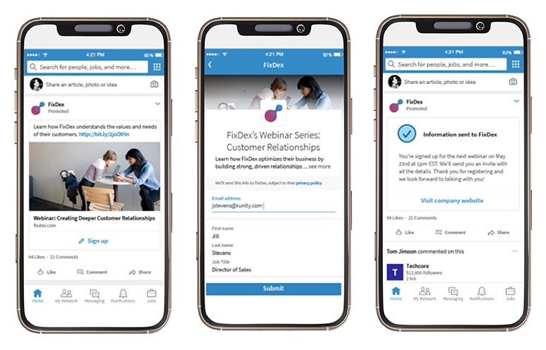 Three smartphone screens show a Facebook page with a FixDex webinar post and a signup form in the middle screen.