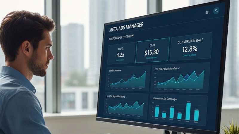 Man reviewing a large monitor displaying a Meta Ads Manager dashboard with charts and metrics.