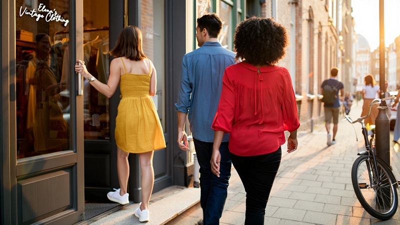 People walk along a sunny city sidewalk past a vintage clothing shop; a woman in a yellow dress enters the storefront.